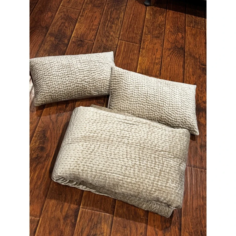 Restoration Hardware RH Holiday Velvet Quilt King Cal King Champagne Beige 3 Pc